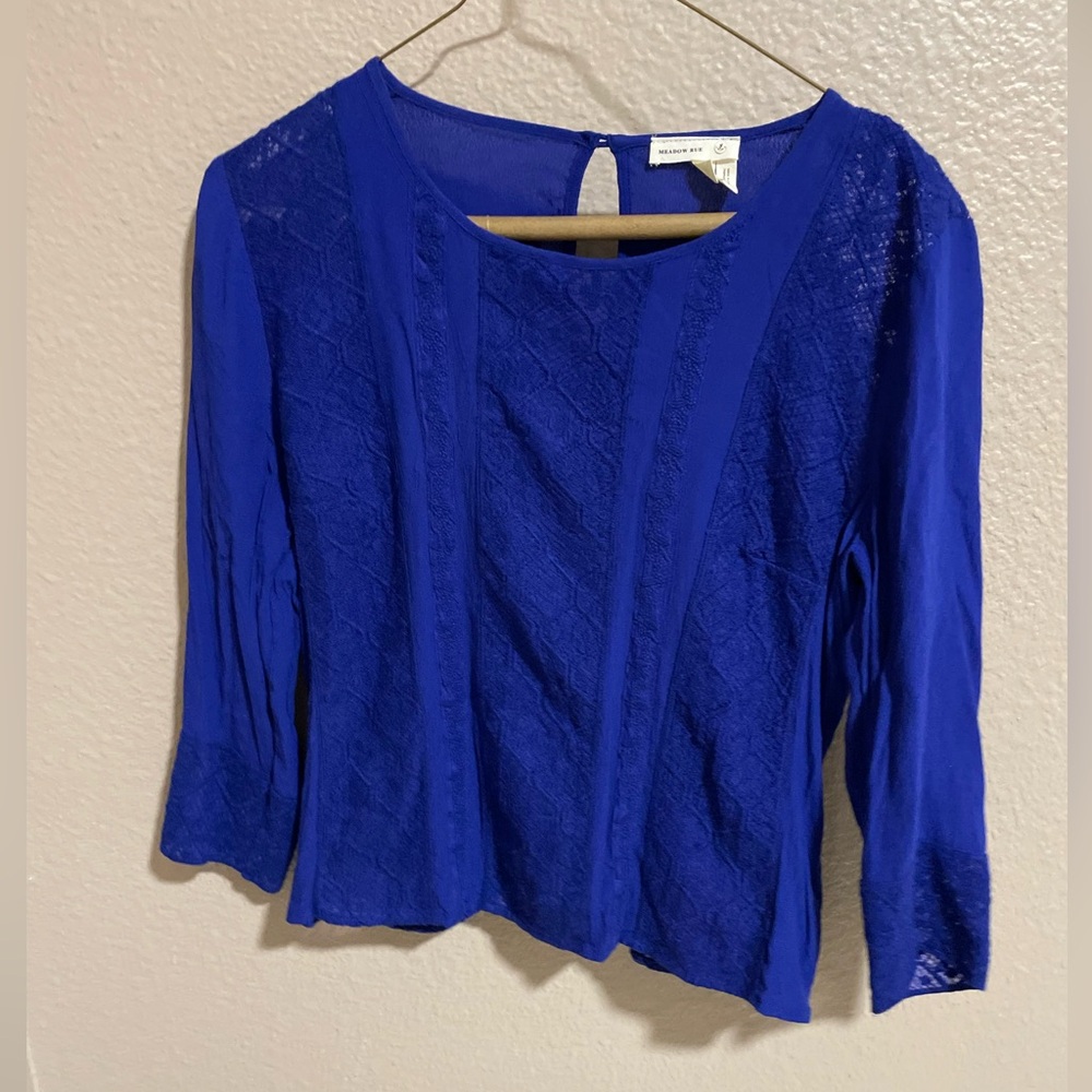 Meadow Rue Royal Blue Lace Panel Blouse - Round Neck, 3/4 Sleeves